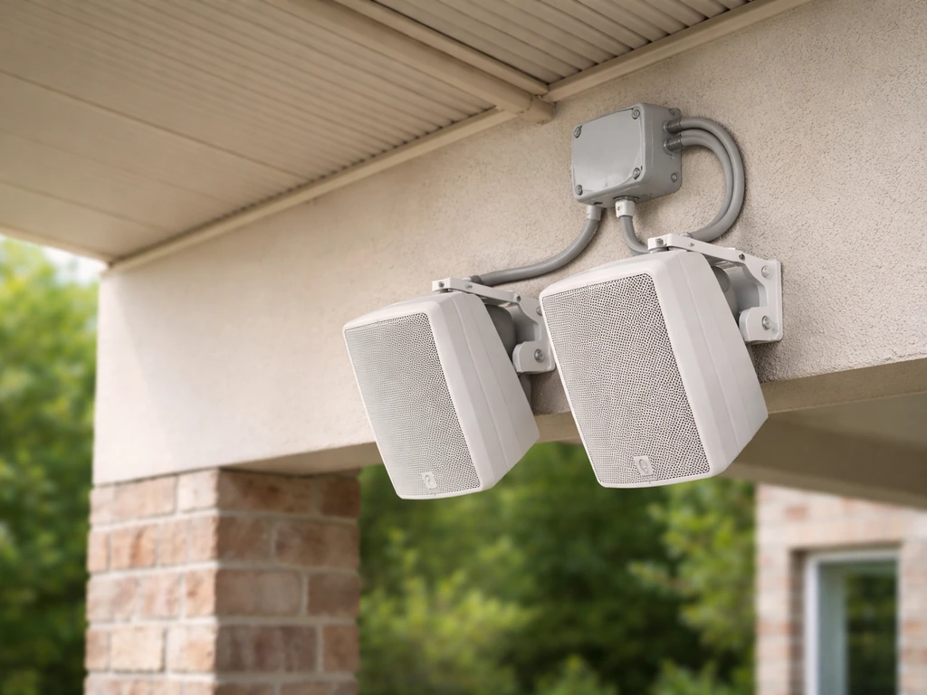 Outdoor loudspeakers mounted on a covered exterior wall with sealed weatherproof cable entry.