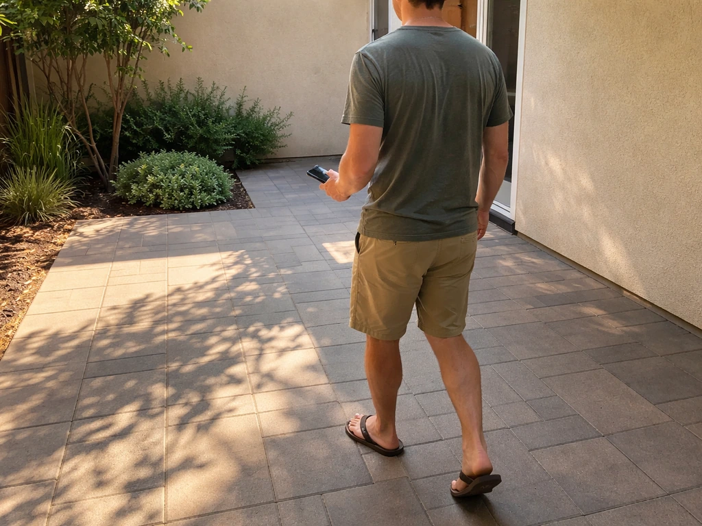 Homeowner walking a patio with sunlit and shaded areas visible on the ground.
