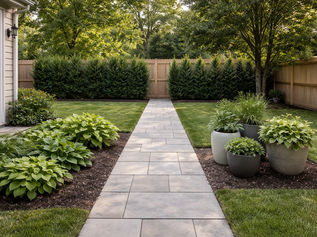 Side-by-side backyard layout showing in-ground planting beds and container clusters with clear walkway and privacy.