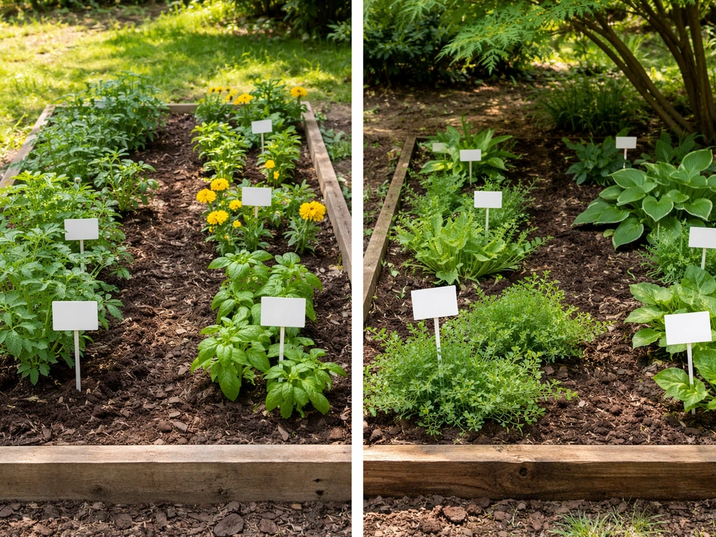 Backyard garden bed with sun vs shade plantings and blank care tags on small plant stakes.