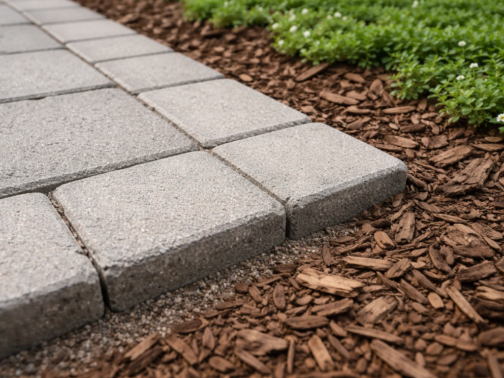 Close-up of concrete paver edging with a clean border and mulch transition along a patio edge