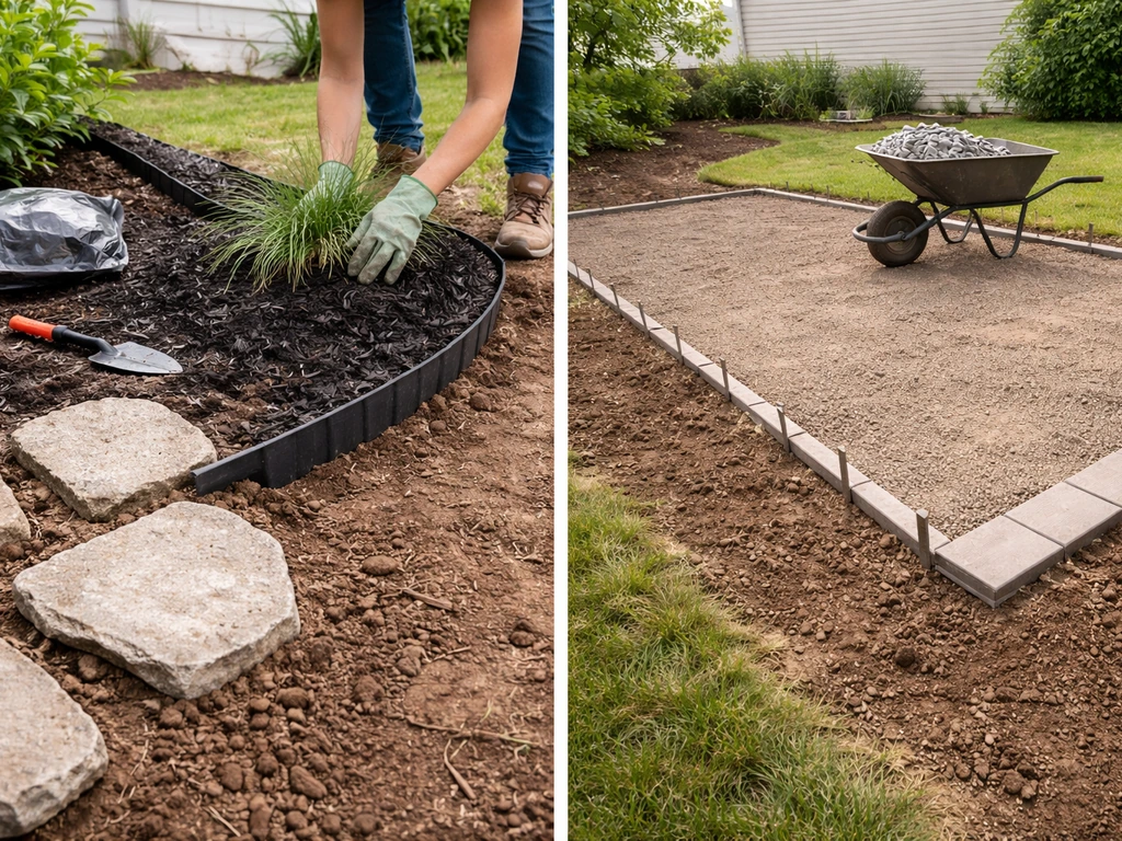 Split backyard view: DIY mulching and edging on one side, contractor-ready graded hardscape on the other.