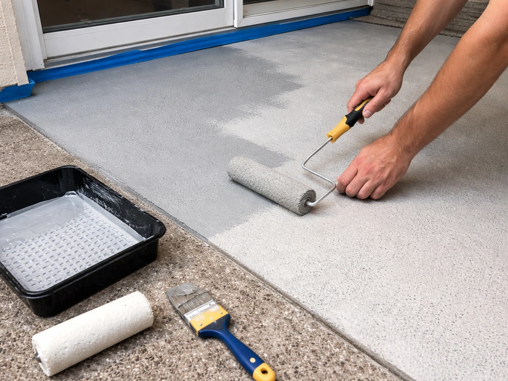 Hands painting a concrete patio with a roller, with tape and paint tools on the ground.
