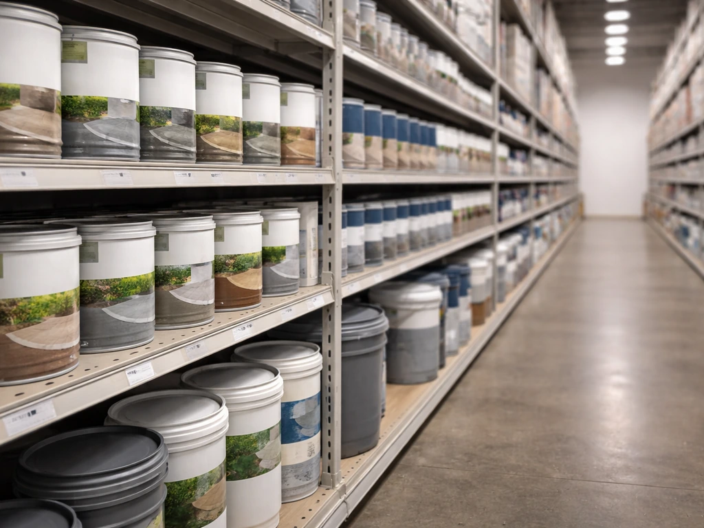 Minimal home improvement store aisle with shelves of patio and concrete floor paint cans
