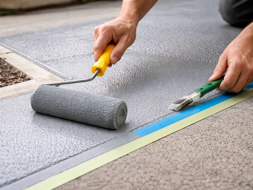 Close-up of hands rolling slip-resistant patio paint on concrete, masking edges with painter’s tape.