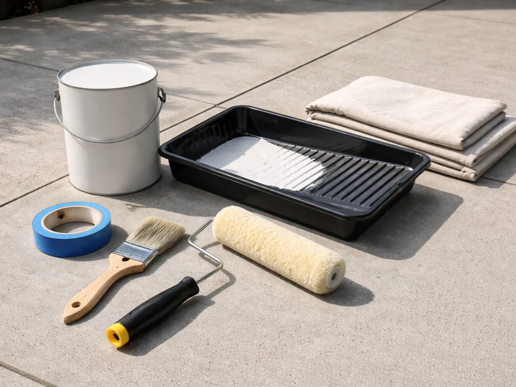 Patio painting supplies—primer, paint tray, roller, brush, tape, and drop cloth—laid out neatly on concrete