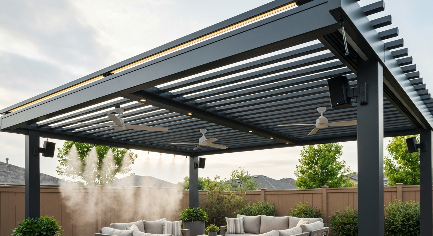 Modern patio under a motorized louvered pergola with fans, speakers, and misting system