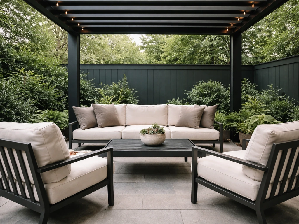 Upscale evergreen-toned patio makeover with modern cover, cozy seating, and warm outdoor lighting