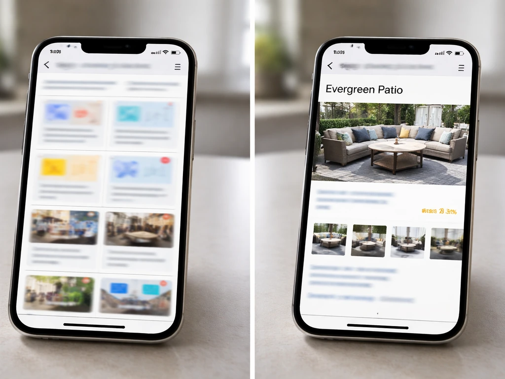 Split-screen photo showing confusing patio search results on one side and a clear product listing on the other.