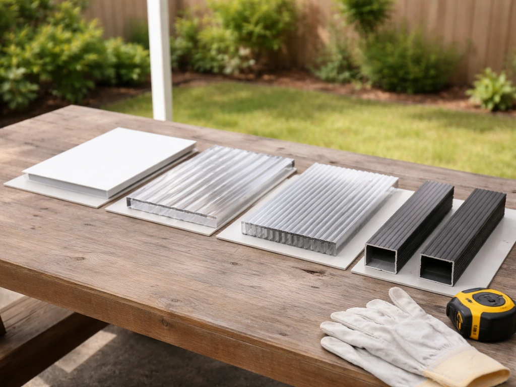 Patio cover materials swatches laid out on a workbench with roof and frame sample pieces