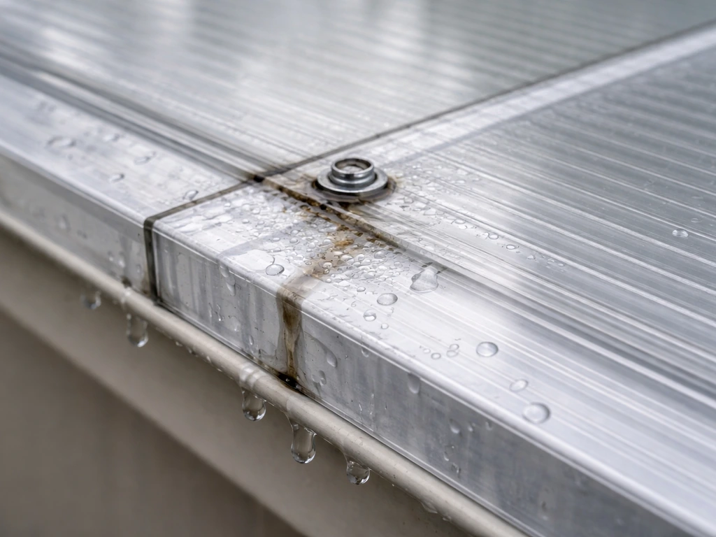 Close-up of roof panel seams and fasteners with simulated wind-driven rain leakage marks near a drain edge.