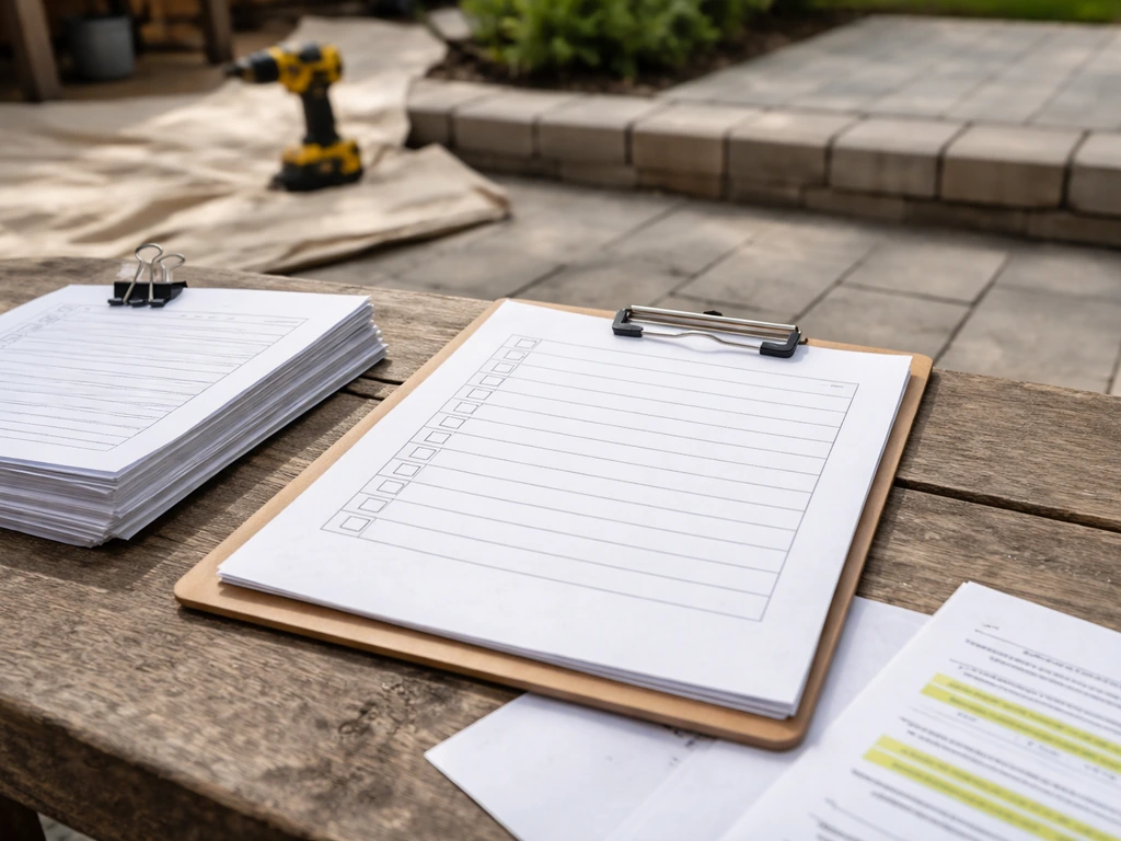 Open checklist and warranty documents beside a cordless drill on a patio contractor’s work table.