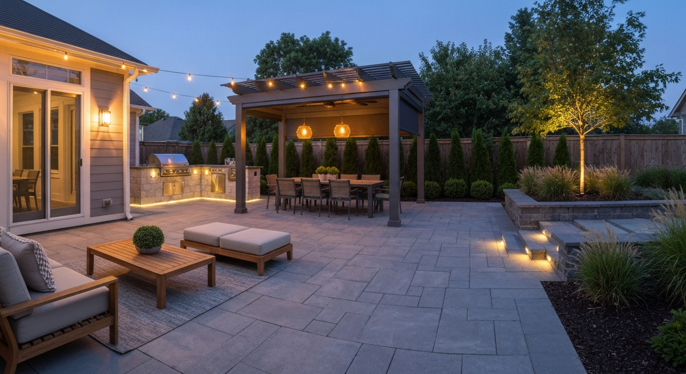 Twilight wide-angle view of a multi-zone modern-rustic patio showing lounge, dining under a pergola, outdoor kitchen, planting borders, and layered warm lighting; no people.
