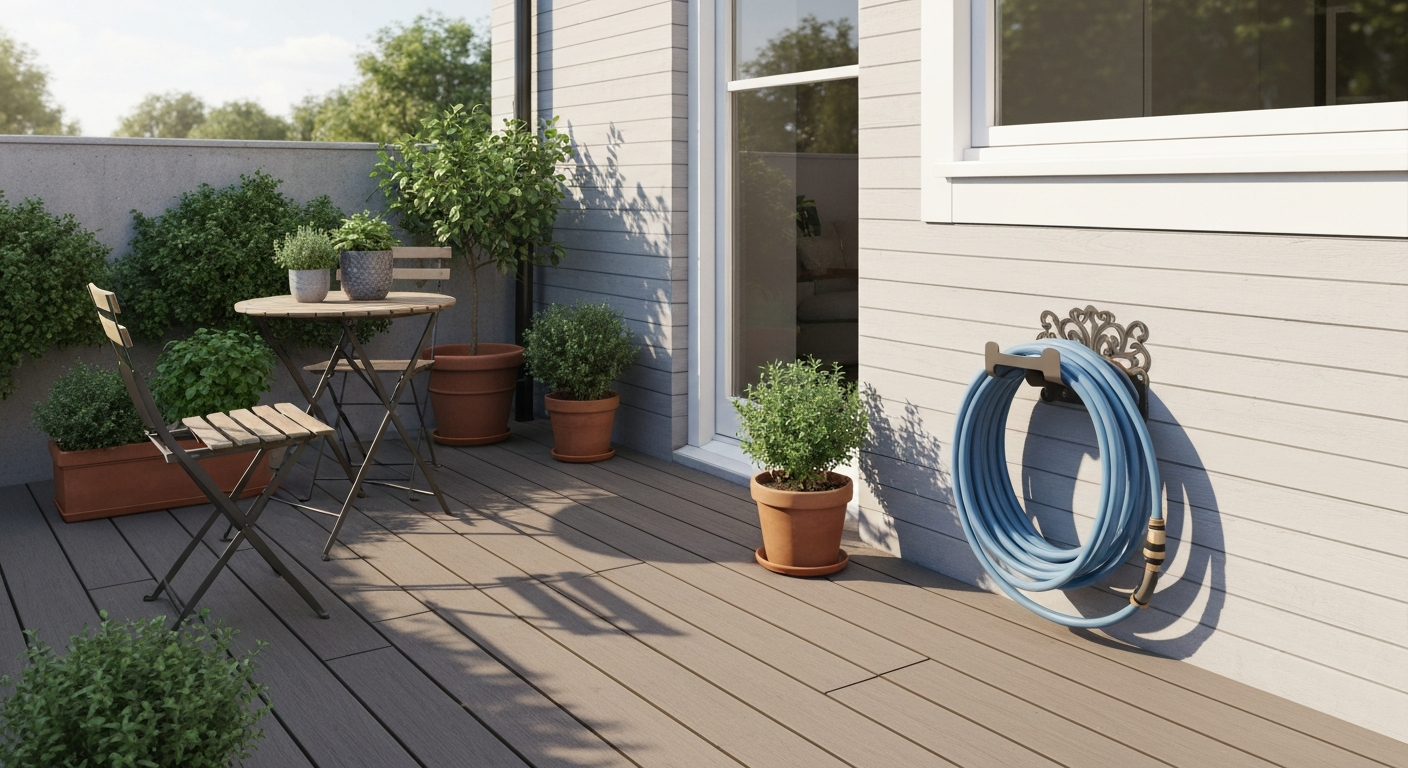 Small patio with a neatly coiled 25-foot garden hose on a wall-mounted bracket beside potted plants and a bistro table.
