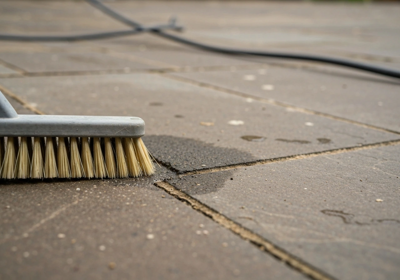 Close-up of a patio brush scrubbing stained pavers, with bristles contacting the ground and a partially cleaned area.