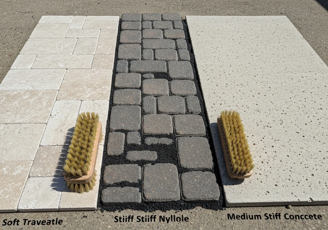 Three patio surface samples with matching brushes—travertine, polymeric-sand pavers, and bare concrete.