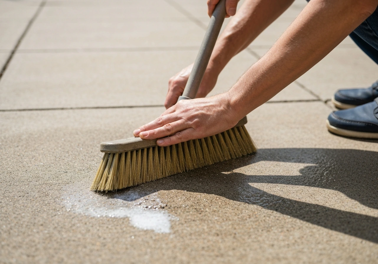 Hands scrubbing a concrete patio with a push broom, lifting grime and revealing cleaner concrete.