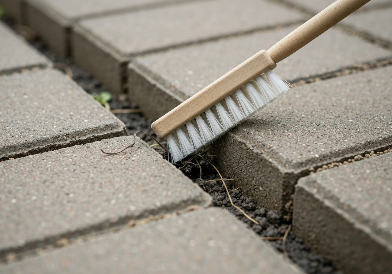 Closeup of a narrow joint brush clearing weeds and debris from paver edge seams