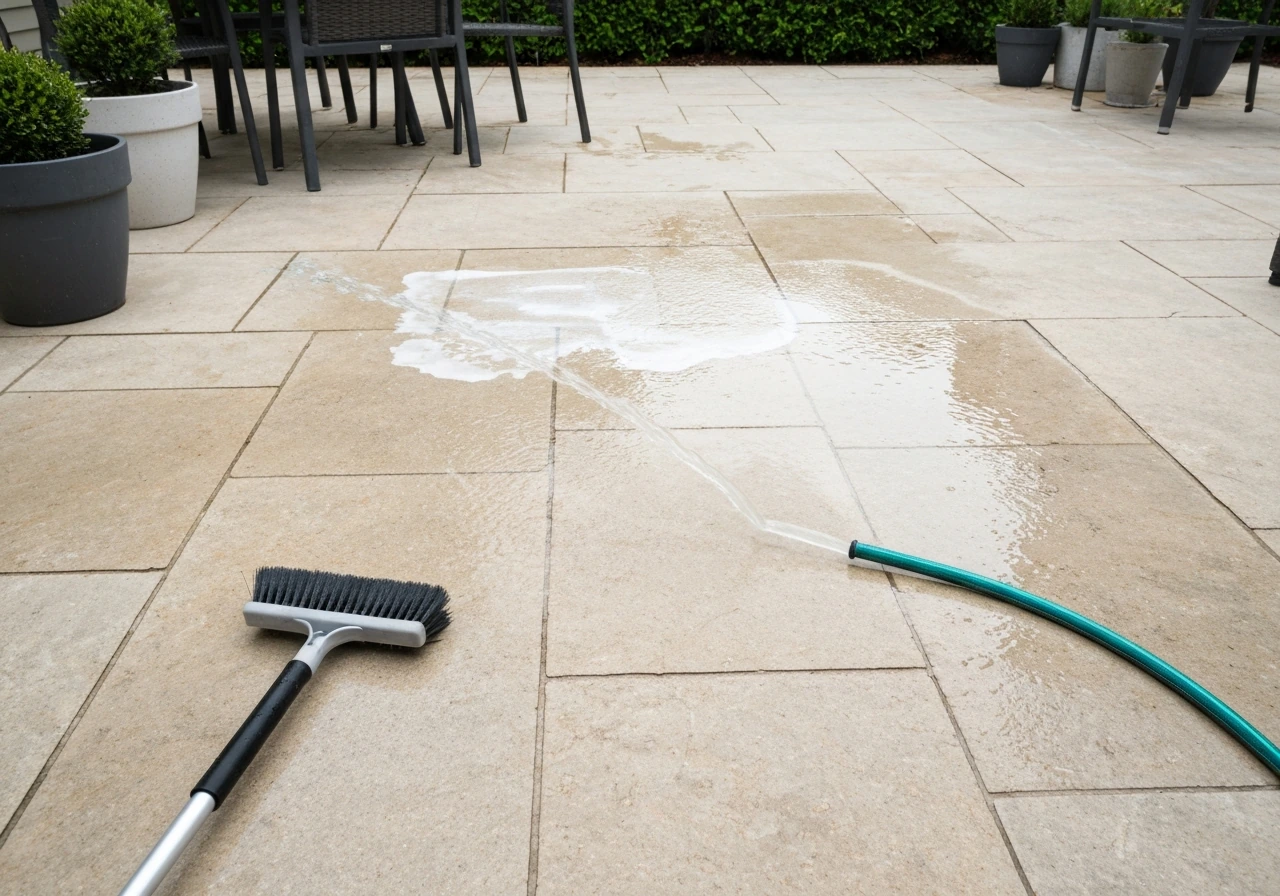 Staged patio cleaning: hose pre-wetting, brushing scrubbed area, then rinsed stone ready to dry.