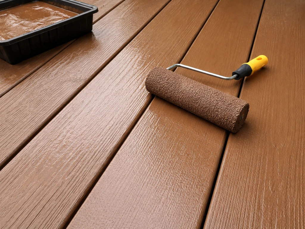 Close-up of a paint roller evenly coating wood-plank patio boards in a deck-stain prep scene.