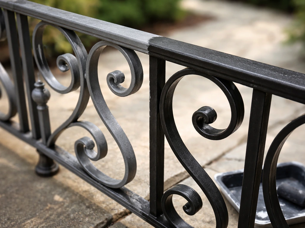 Wrought iron patio railing with primer applied, then matte black topcoat finish in a clean outdoor close-up.
