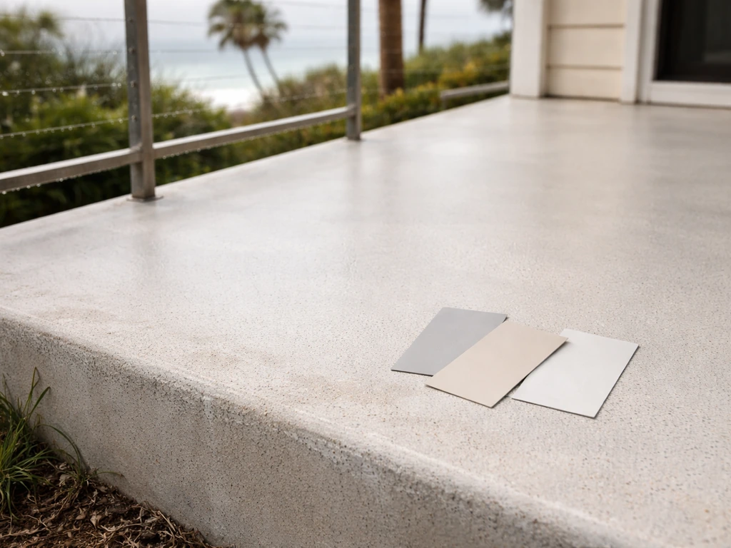 Coastal patio with light-colored painted concrete, damp salt air cues and mildew-resistant finish detail