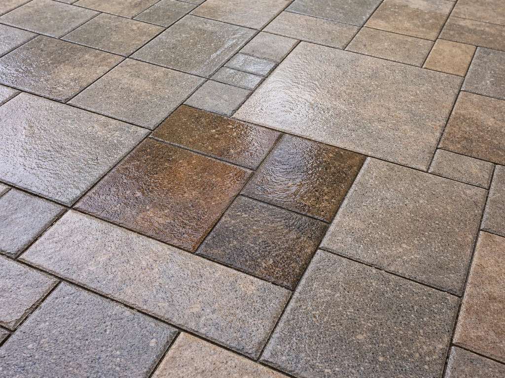 Close-up of a clean patio surface with a small recoat test patch where the color looks freshly revived.