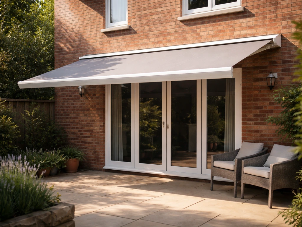 Mounted retractable awning over a UK patio doorway on a brick home exterior.