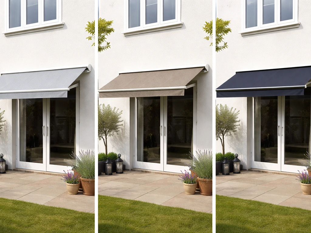Three patio awning styles in a quiet UK garden, showing budget-to-premium finishes side by side.