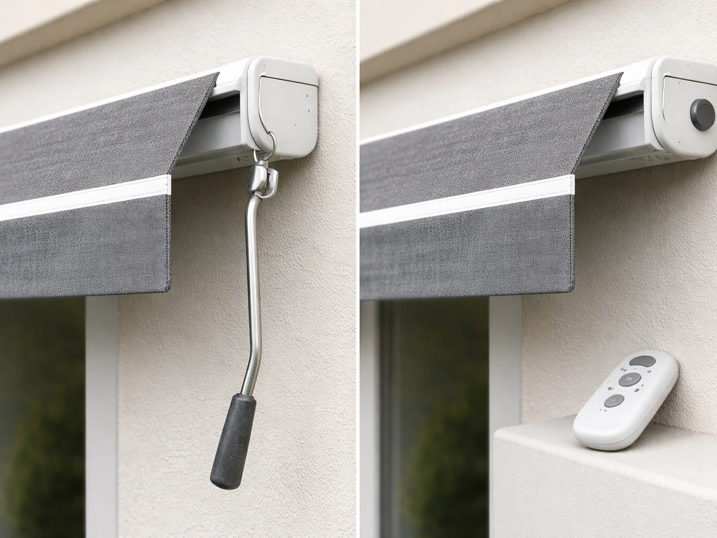 Minimal split view: manual awning crank vs motorised awning with remote, against a UK-style home exterior