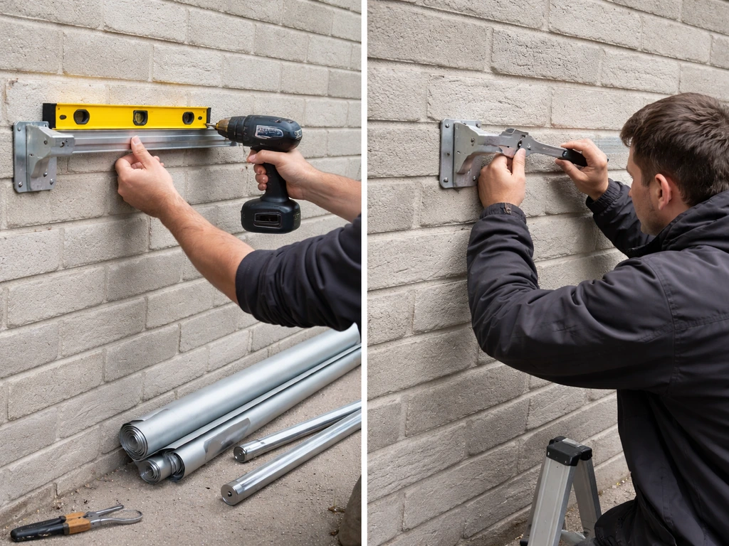 Tools and hands align a manual awning bracket on a UK brick wall with a pro fitting it nearby.