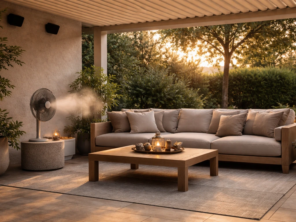 High-end patio setup with shaded seating, cooling mist/fan vibe, and elegant outdoor furniture at dusk.