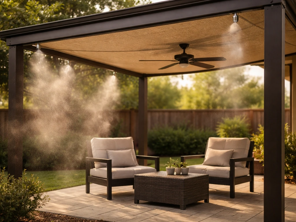 Minimal outdoor patio with a shaded seating area, ceiling fan, and misting hose for cooling