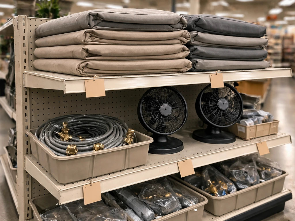 Close-up of a marked-down outdoor patio clearance shelf with covers, fans, and misting parts