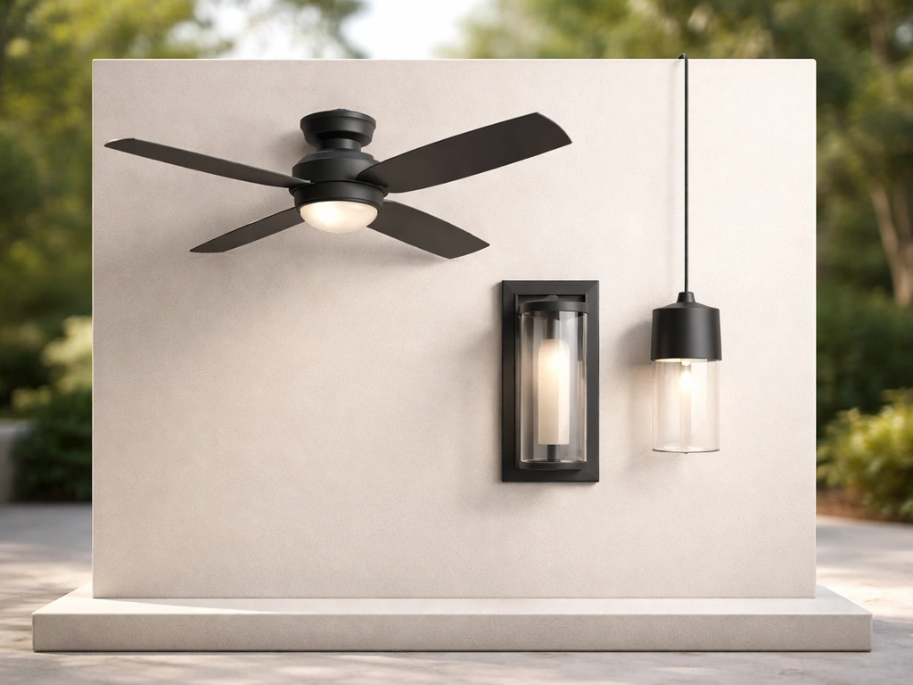 Outdoor lighting fixtures and a ceiling fan displayed side-by-side on a simple indoor promo board.