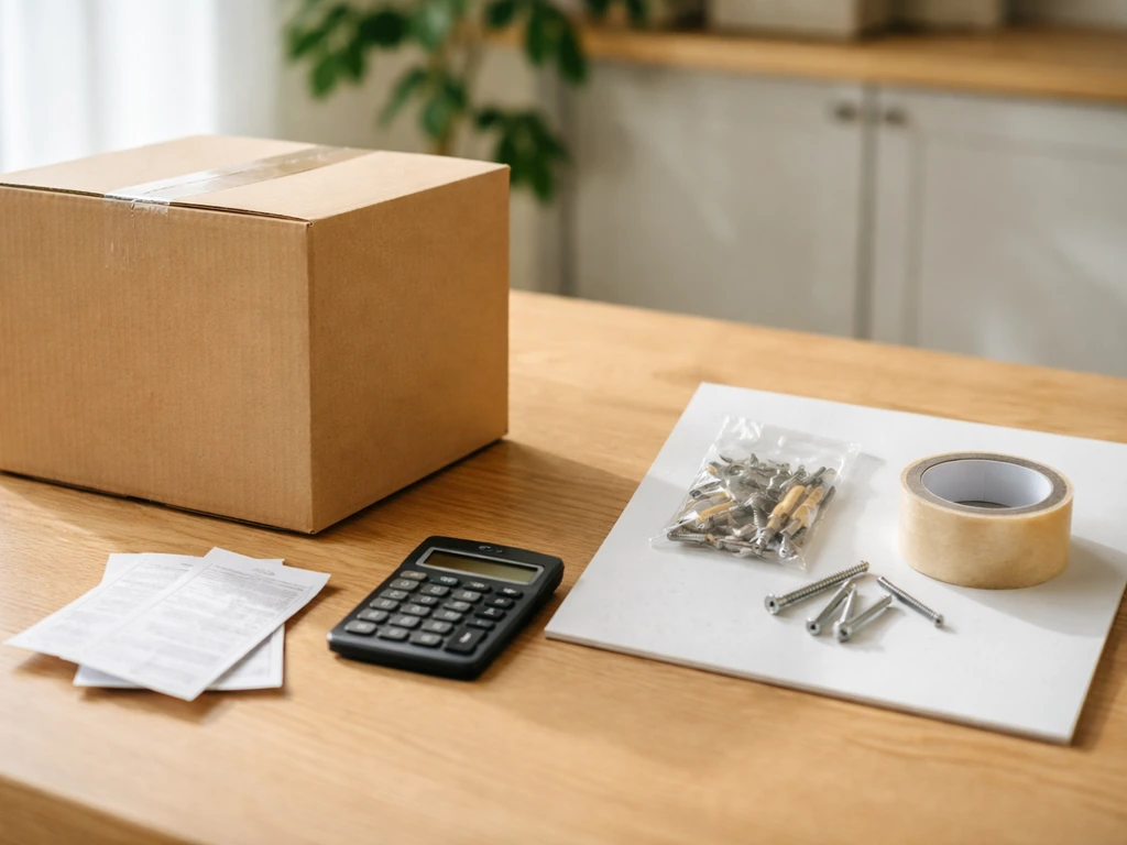 Kitchen table scene with a shipping box, blank receipts, and calculator suggesting comparing offer totals.