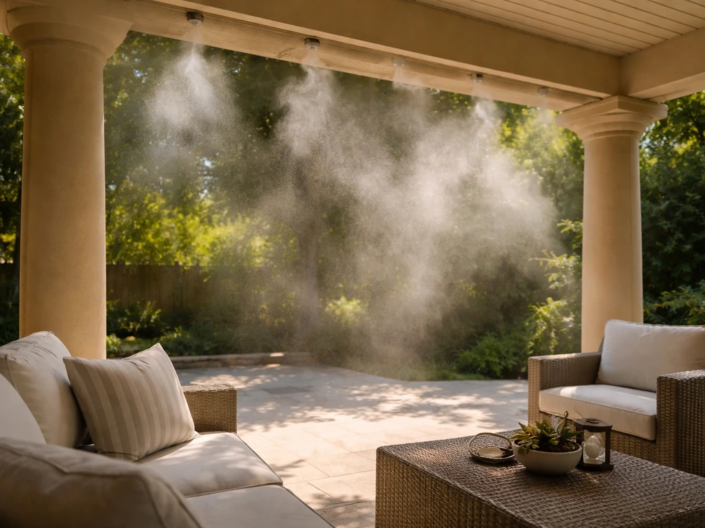 Hot outdoor patio with a gentle misting plume cooling the air in natural sunlight