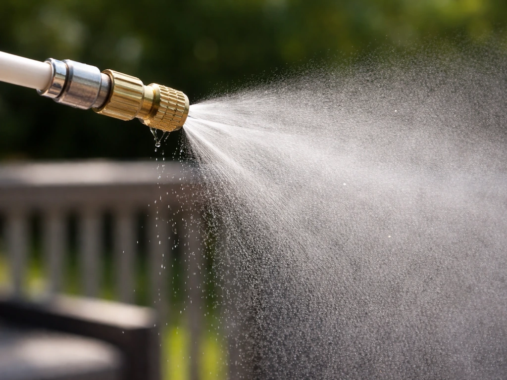 Close-up of a patio misting nozzle spraying fine microsprays with visible droplet breakup in sunlight.