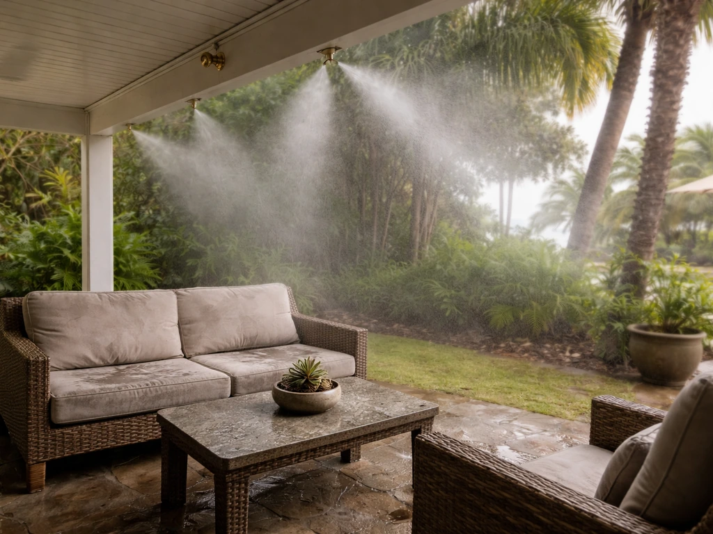 Humid patio with misting nozzle; mist lingers in the air and seating area looks slightly damp.