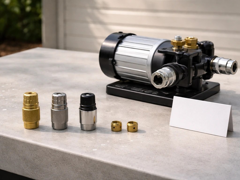 Close-up of misting nozzle parts and a pump assembly with a pressure-tier card beside them.