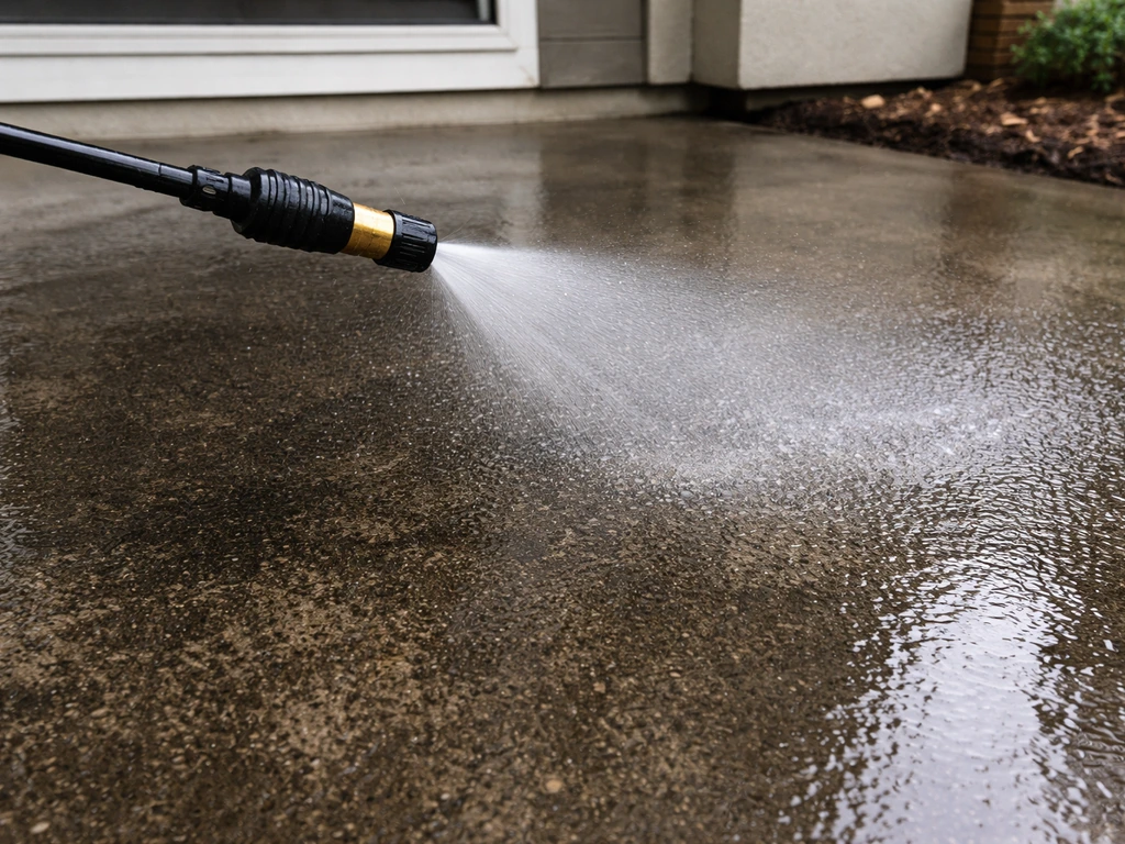Outdoor patio concrete visibly wet as a pump sprayer mist falls onto it, nozzle angled toward the surface.
