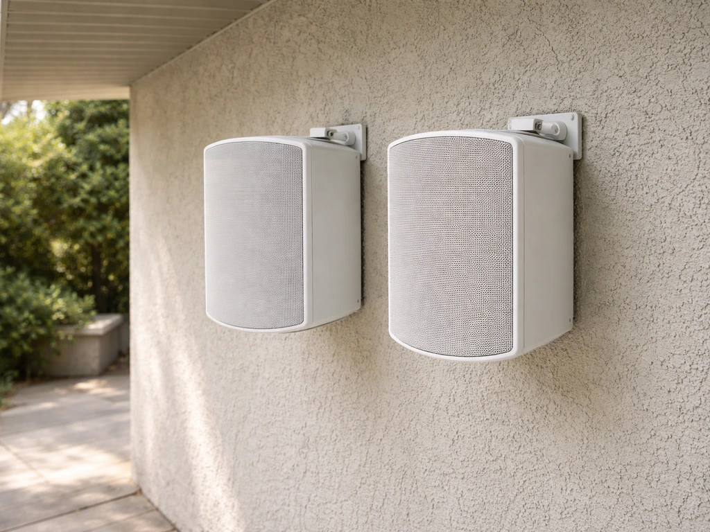 Two outdoor wall-mounted speakers on a covered patio, showcasing a direct Polk Audio Patio 200 vs Atrium 6 comparison
