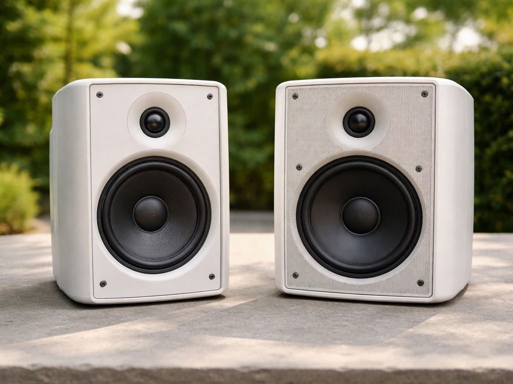 Two compact outdoor speakers shown side-by-side with visible woofer and tweeter driver layouts.