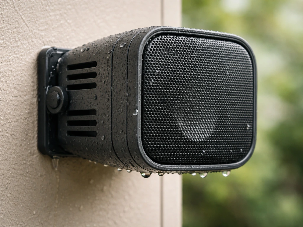 Close-up of an outdoor speaker grille and vented enclosure area showing weather-sealed mounting.