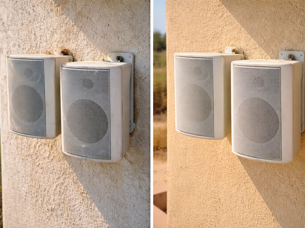 Anonymous outdoor speaker mounts showing coastal corrosion vs inland UV sun-bleached wear cues.