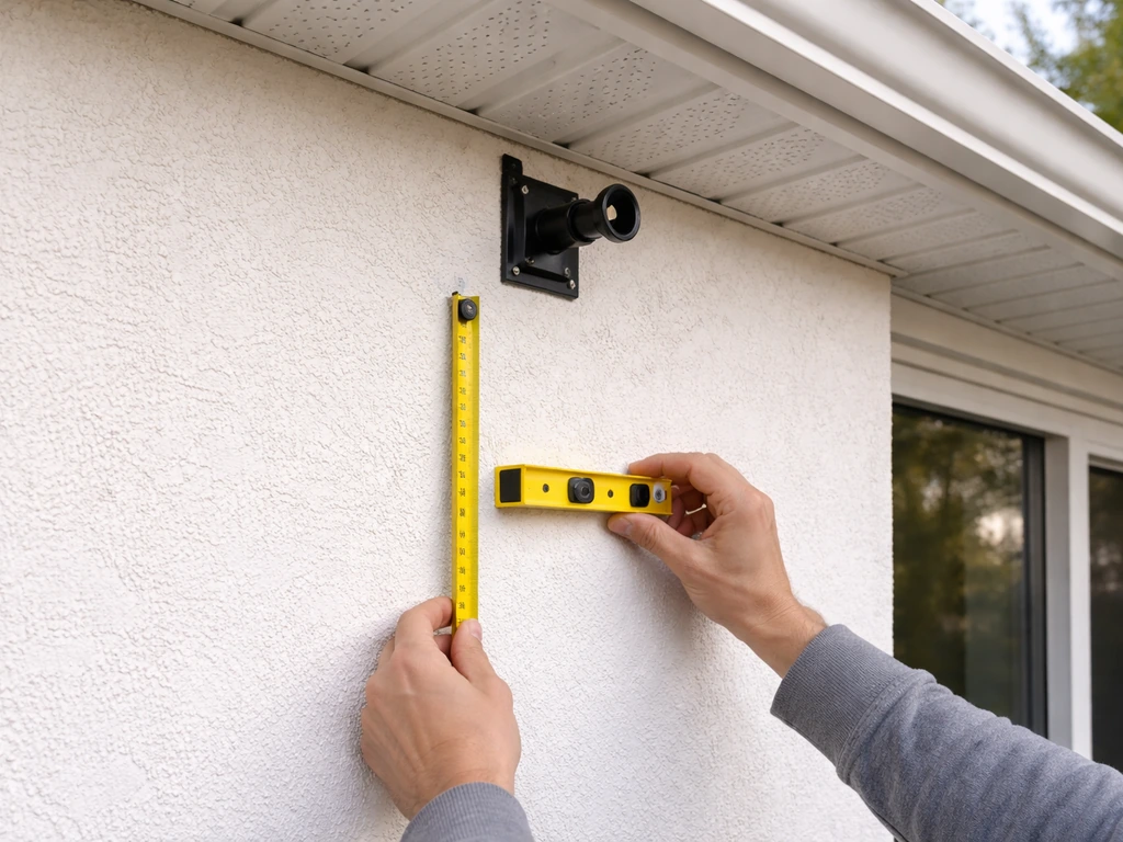 Hands align a tape measure and level against an exterior wall, showing bracket height under a soffit.