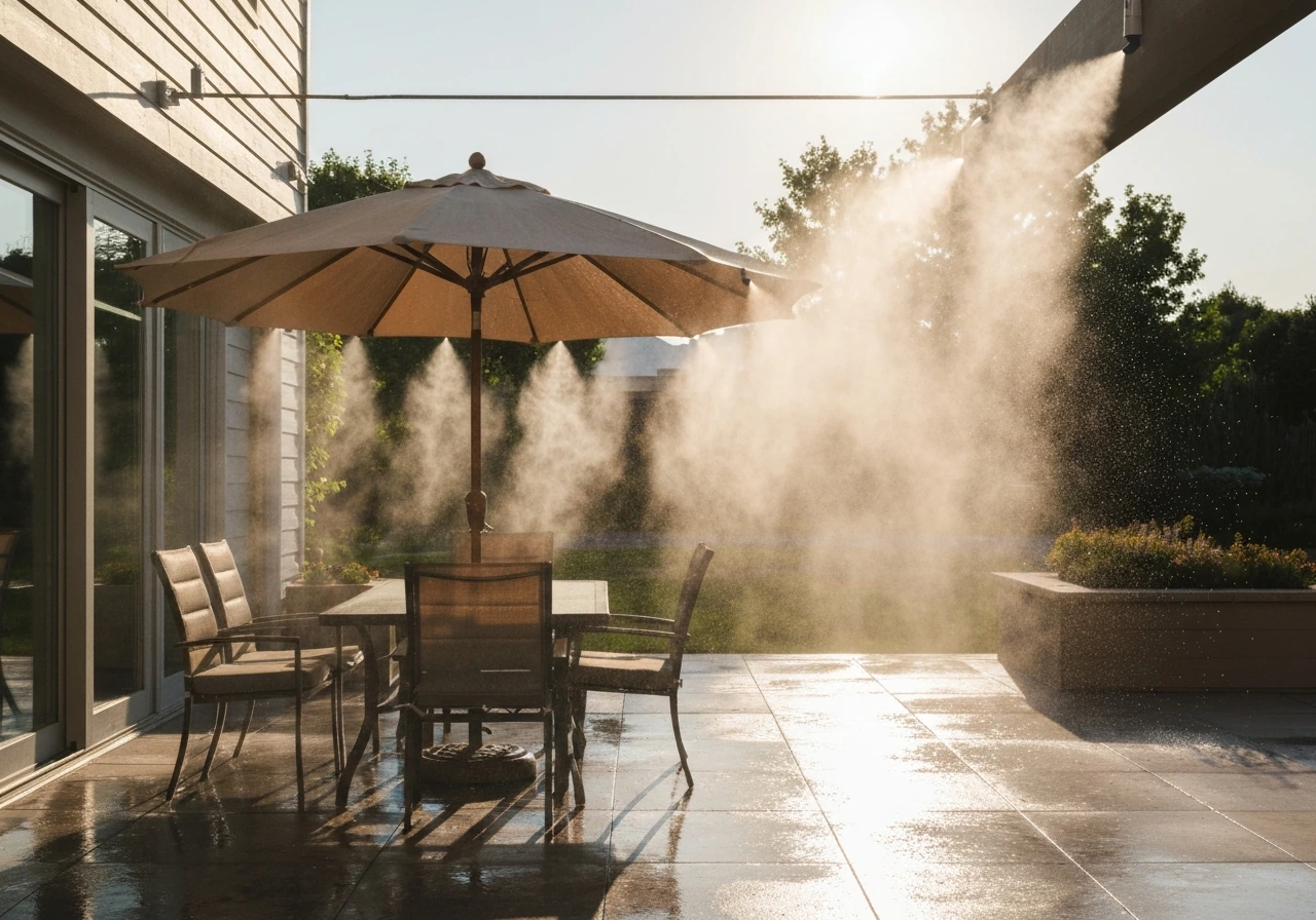 Outdoor patio seating with a gentle mist plume cooling the area on a warm day