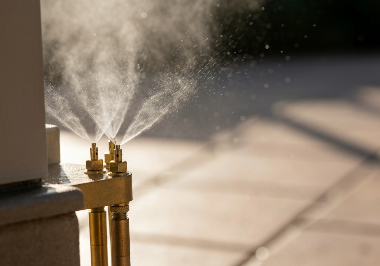 Close-up of patio misting nozzles spraying microscopic droplets that evaporate in warm air.