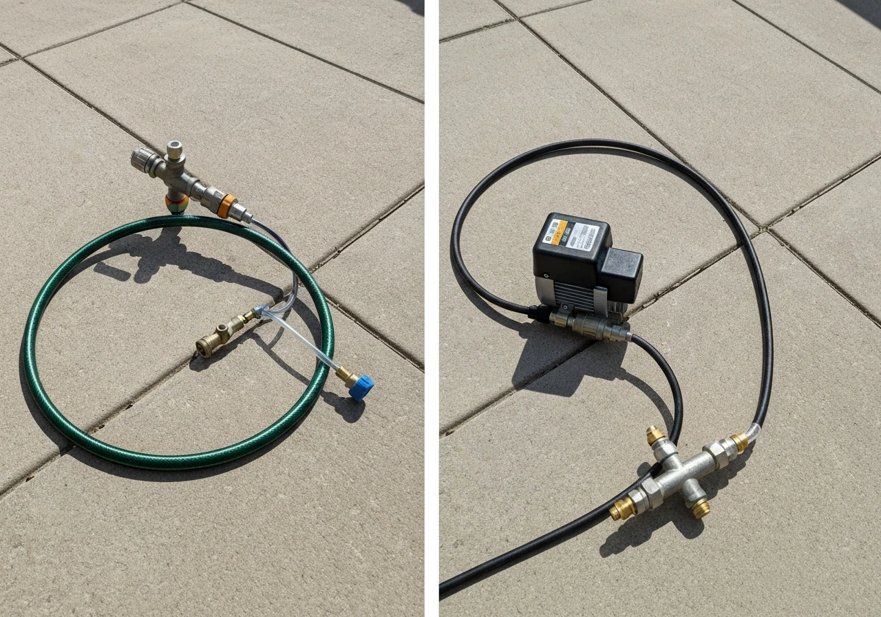 Split-view of garden hose bib tap connection vs compact pump unit feeding a mist manifold