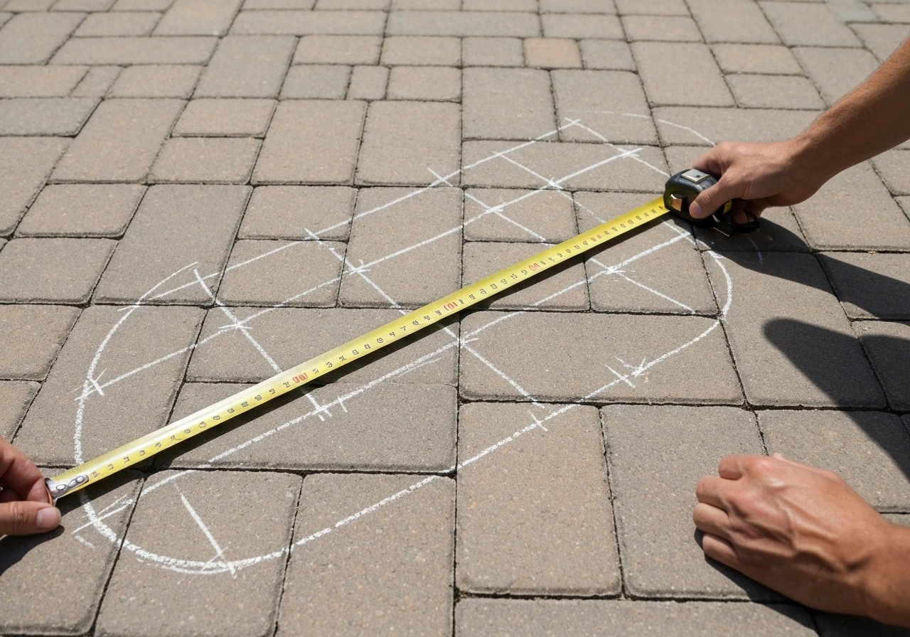 Hands stretch a tape measure over a patio with a minimal chalk nozzle coverage grid and spacing marks